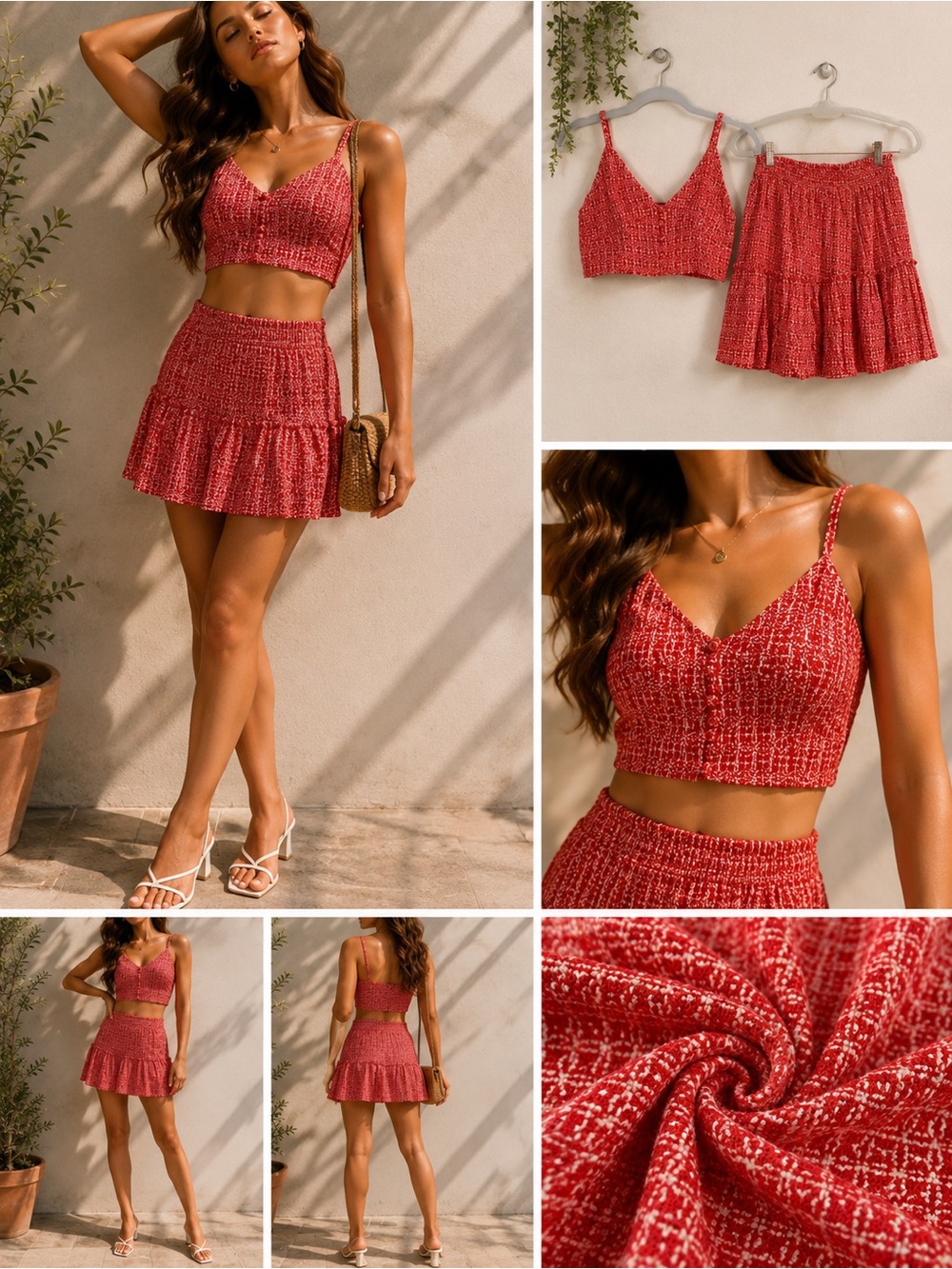 ILLA ILLA Red Two-Piece Button Crop Tank Top Mini Ruffle Stretch Skirt Set Small